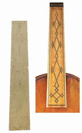 來自1613年Amati兄弟的“短笛”小提琴的原始楓木指板（右上），以及左上角的指板鑲嵌紙模板），現在收藏在克雷莫納的斯特拉迪瓦里博物館。  諸如此類的鑲嵌指板已成為巴洛克小提琴經久不衰的形象