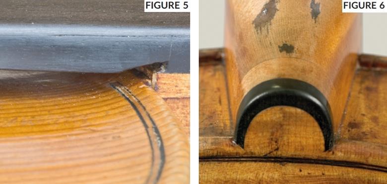 　　圖5 1793年Mantegazza中提琴的原始琴頸，鑲邊僅位于指板下方。圖6 1693年'Harrison'Stradivari現(xiàn)代化琴頸上的釘孔。